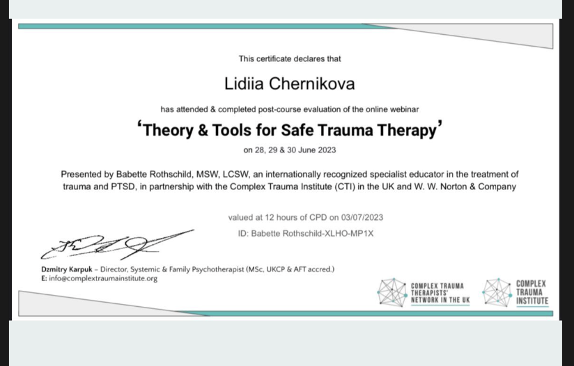 Certificate: Theory & Tools for Safe Trauma Therapy